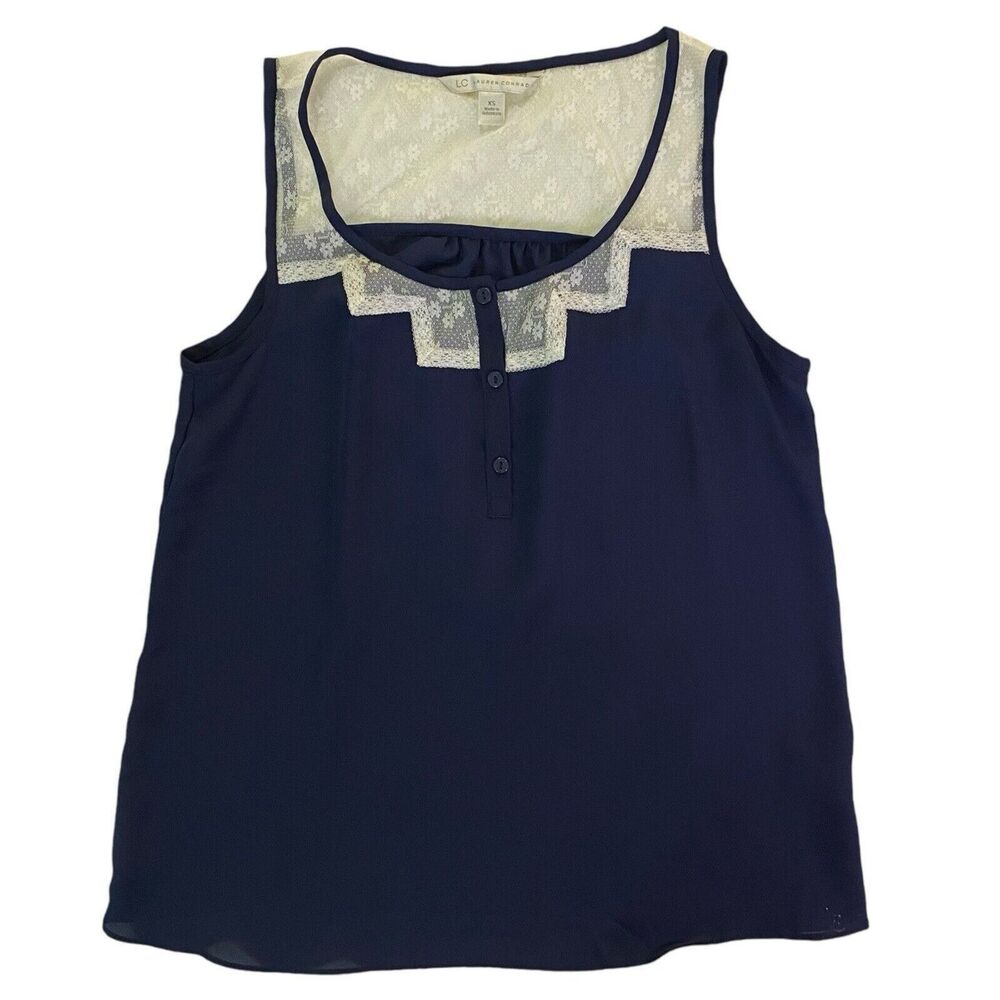 LC Lauren Conrad XS Sleeveless Top Navy Blue White Lace Trim Button Boho